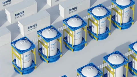 3d rendering group of smr or small modular nuclear reactors with energy storage  Stock Footage 328144248