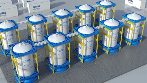 3d rendering group of smr or small modular nuclear reactors with energy storage  Stock Footage 328144249