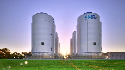 3d rendering group of smr or small modular nuclear reactors power plant against  Stock Footage 333097124