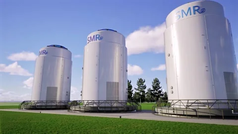 3d rendering group of smr or small modular nuclear reactors power plant against  Stock Footage 333097126