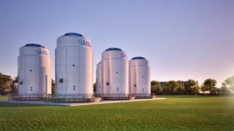 3d rendering group of smr or small modular nuclear reactors power plant against  Stock Footage 333097153