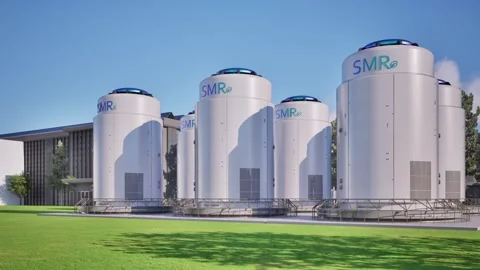 3d rendering group of smr or small modular nuclear reactors power plant with dat Stock Footage 333097158