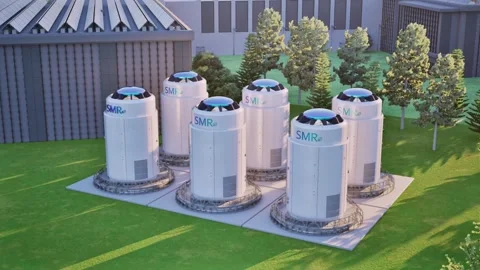 3d rendering group of smr or small modular nuclear reactors power plant with dat Stock Footage 333097160
