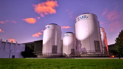 3d rendering group of smr or small modular nuclear reactors power plant under tw Stock Footage 333097170
