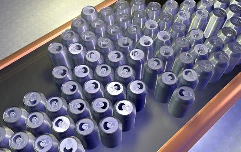 3D rendering of a group of soda cans in a recycling plant Ilustração Stock