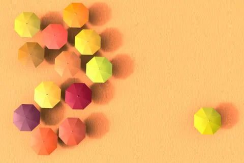 3D rendering of a group of sun umbrellas with one exclude from the group Stock Illustration