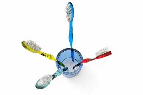 3D rendering of a group of toothbrushes of different colors from above Stock Illustration