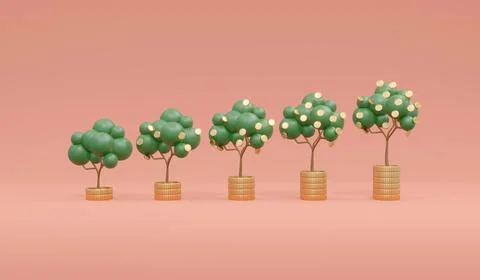 3D Rendering of growing of money tree arrange small to big on stack of coin.. Stock Illustration