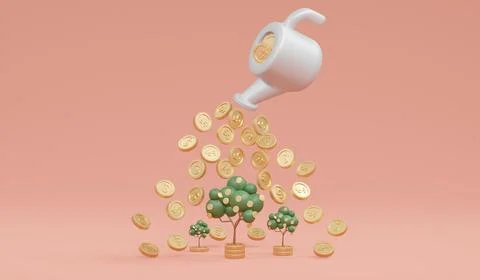 3D Rendering of growing of money tree by coins from watering pot concept of.. Stock Illustration