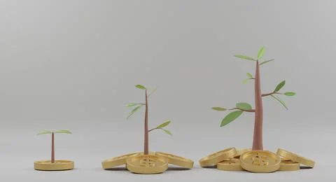 3D Rendering. Growing tree on coins stack on white background. 스톡 일러스트