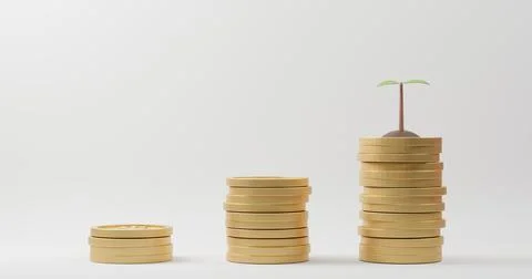 3D Rendering. Growing tree on coins stack growth graph on white background. 스톡 일러스트