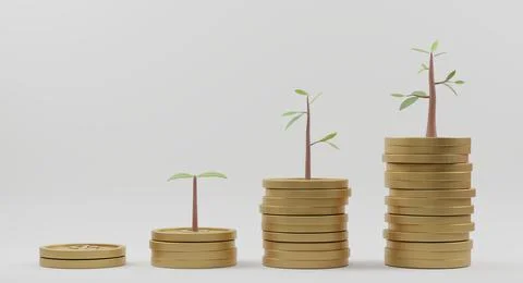 3D Rendering. Growing tree on coins stack growth graph on white background. Stock Illustration