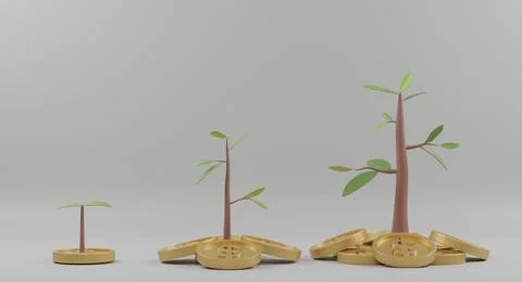 3D Rendering. Growing tree on coins stack on white background. Concept of Bus Stock Illustration