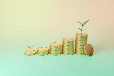 3D Rendering of Growth Concept with Coins and Green Plant Sprout Stock Illustration
