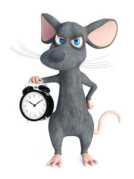 3D rendering of a grumpy cartoon mouse holding alarm clock. Stock Illustration