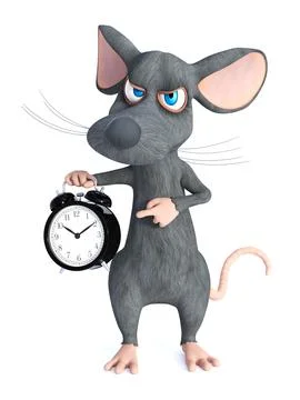3D rendering of a grumpy cartoon mouse holding alarm clock. Stock Illustration