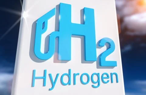 3D rendering of an H2 Hydrogen sign on a cloudy background Stock Illustration