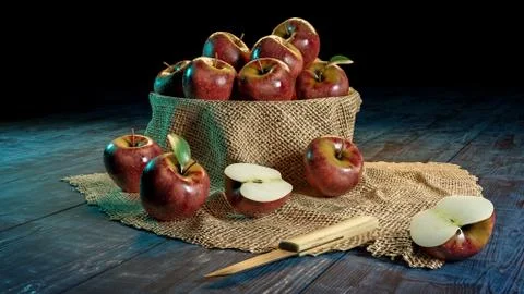 3D rendering of half cut red apples and whole apples in bowl with wood fabric Stock Photos