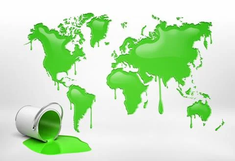 3d rendering of a half empty bucket lying on its side near a large word map with Stock Illustration