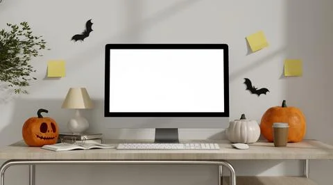 3D rendering of Halloween computer mockup on home office desk with pumpkin decor Stock Photos