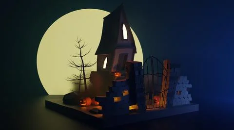 3D rendering Halloween distorted spooky haunted house Stock Illustration