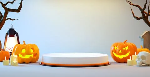 3D rendering of a Halloween podium platform with pumpkins on white background Illustrazione stock