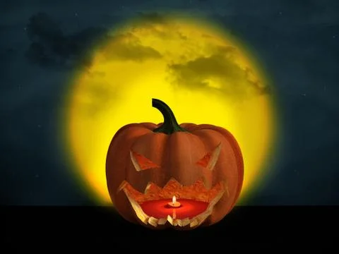 3D rendering of a halloween pumpkin with a big moon in the background. Stock Illustration