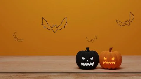 3D rendering. Halloween pumpkin jack o lantern on wooden table with flying ba Stock Illustration