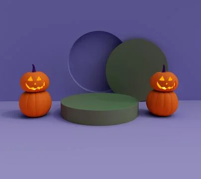 3d rendering of Halloween pumpkin side of podium inside candle glowing, minim Illustrazione stock