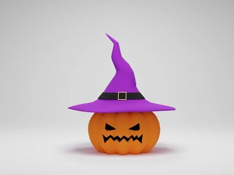 3D rendering. Halloween pumpkin wearing a witch hat on white background. Stock Illustration