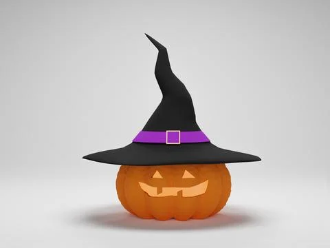3D rendering. Halloween pumpkin wearing a witch hat on white background. Happ Stock Illustration