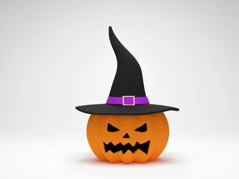 3D rendering. Halloween pumpkin wearing a witch hat on white background. Happ Stock Illustration