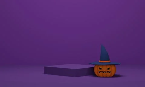 3D rendering. Halloween pumpkin wearing a witch hat with podium on purple bac Stock Illustration