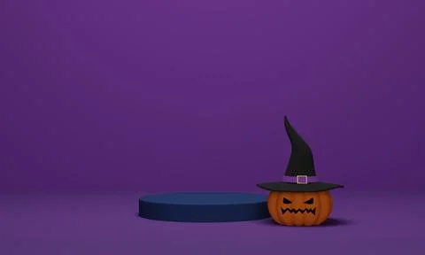 3D rendering. Halloween pumpkin wearing a witch hat with podium on purple bac Stock Illustration