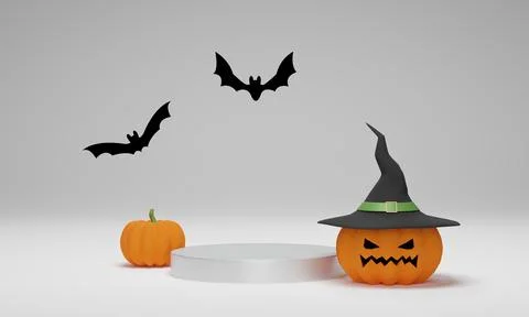 3D rendering. Halloween pumpkin wearing a witch hat with cylinder podium for  Stock Illustration