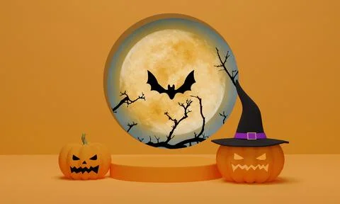 3D rendering. Halloween pumpkin wearing a witch hat with cylinder podium for  Stock Illustration