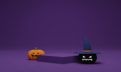 3D rendering. Halloween pumpkin wearing a witch hat with podium on purple bac Stock Illustration
