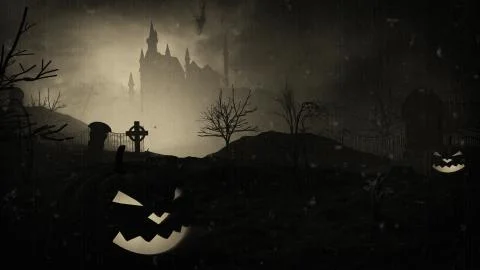 3D rendering of Halloween pumpkins and dark castle on a Graveyard. Old film e Stock-Illustration