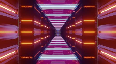 3D rendering of a hallway with geometric shapes and bright colorful neon ligh Stock Illustration