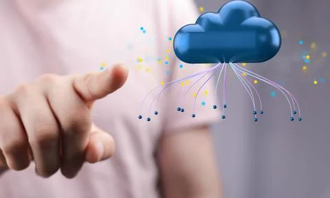 A 3D rendering of a hand pointing to augmented analytics data cloud storage n Stock Photos