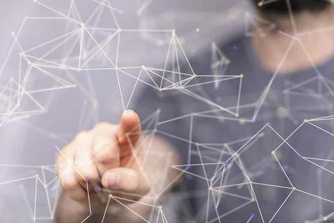A 3D rendering of hand tapping on digital data network symbol- organizational Stock Photos
