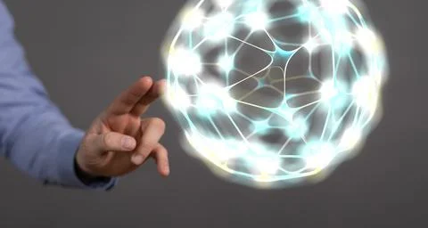 A 3D rendering of a hand touching an abstract ball with a network; the concep Stock Photos