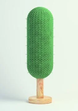 3d rendering of handmade tree with knitted crown from green yarn and wooden s Stock Illustration
