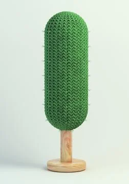 3d rendering of handmade tree with knitted crown from green yarn and wooden s Stock Illustration