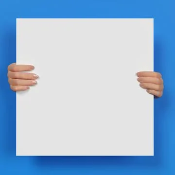 3D rendering of hands holding blank paper isolated on blue, with plenty of copy Stock Photos