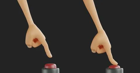 3D rendering of hands pushing a red button on a black background Stock Illustration