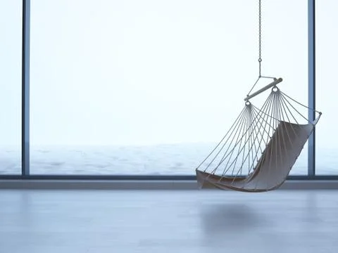 3d rendering hanging chair in an empty room on light parquet floor. Stock Illustration