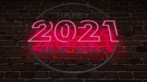 3D Rendering Happy New Year 2021 Neon Sign with a Brick Wall Background Stock Footage