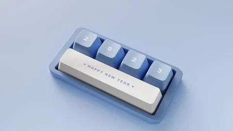 3D Rendering. Happy new year on the cute keyboard with blue tone. Stock Illustration