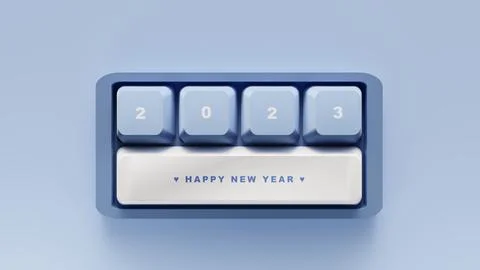 3D Rendering. Happy new year on the cute keyboard with blue tone. Stock Illustration